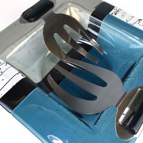 11" Salad Square Bowl Set Blue Steel with Forks - Image 2